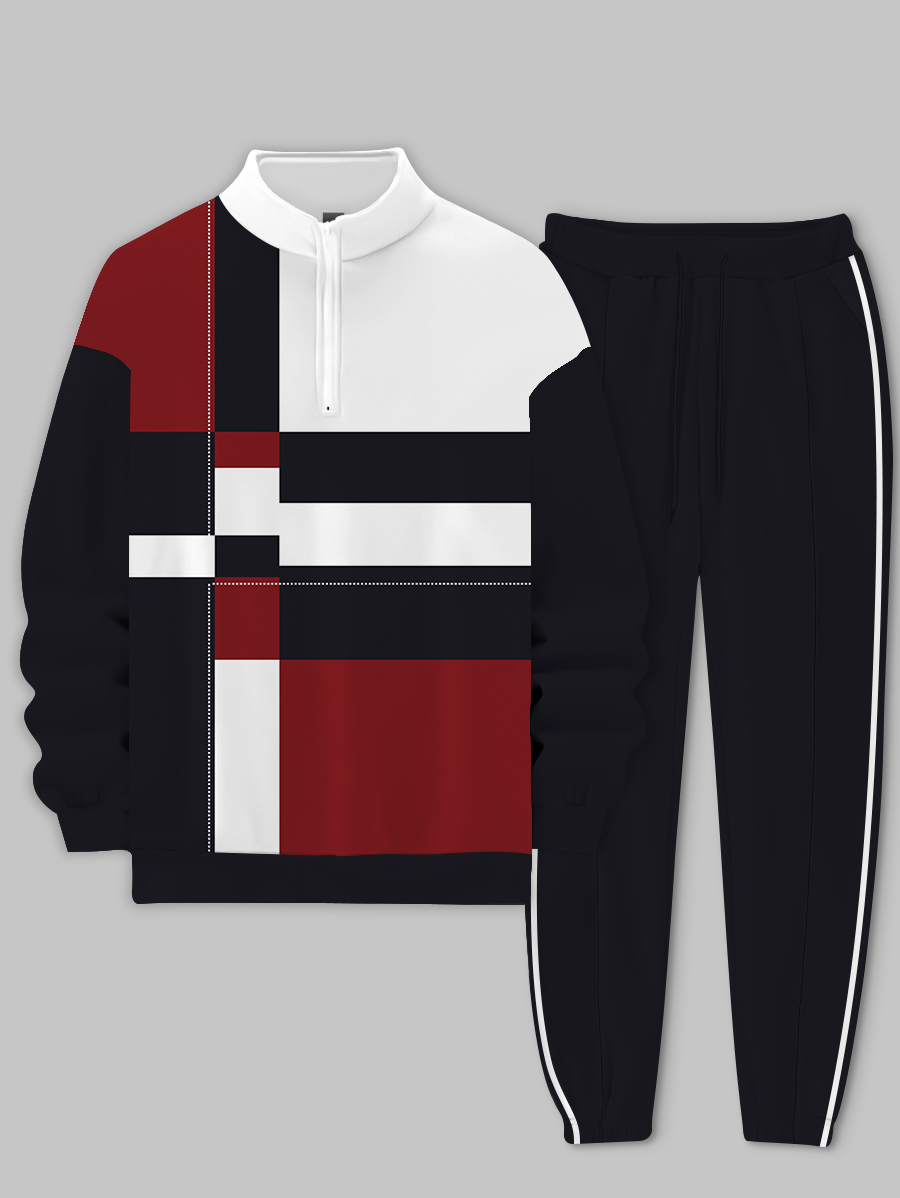 Men's fashion casual color match print long sleeve two piece set